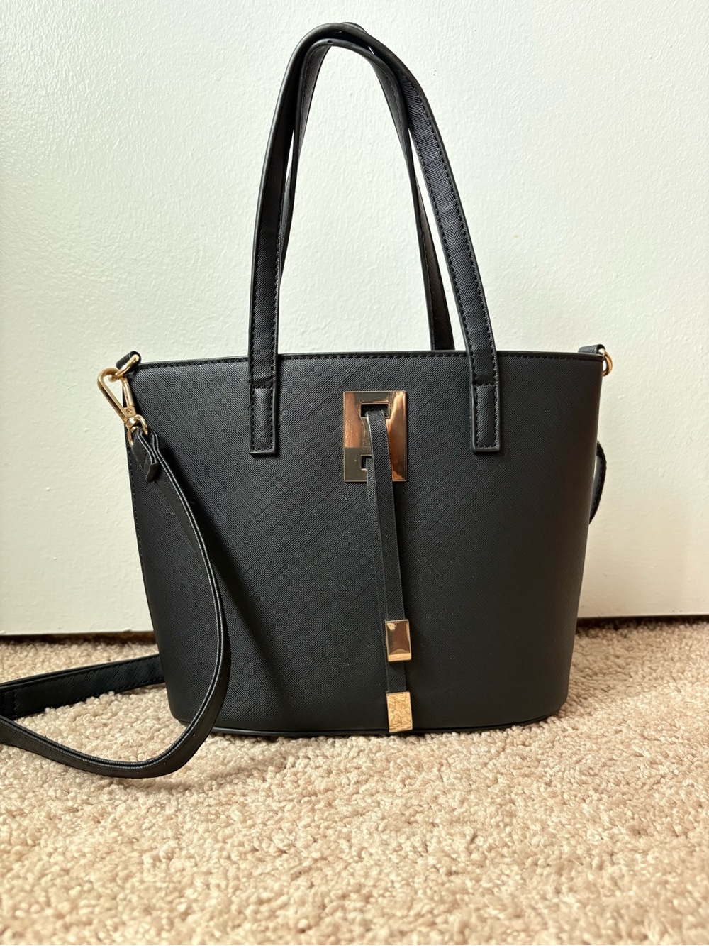 Classic Black Tote with Gold Accent - Women's Handbag